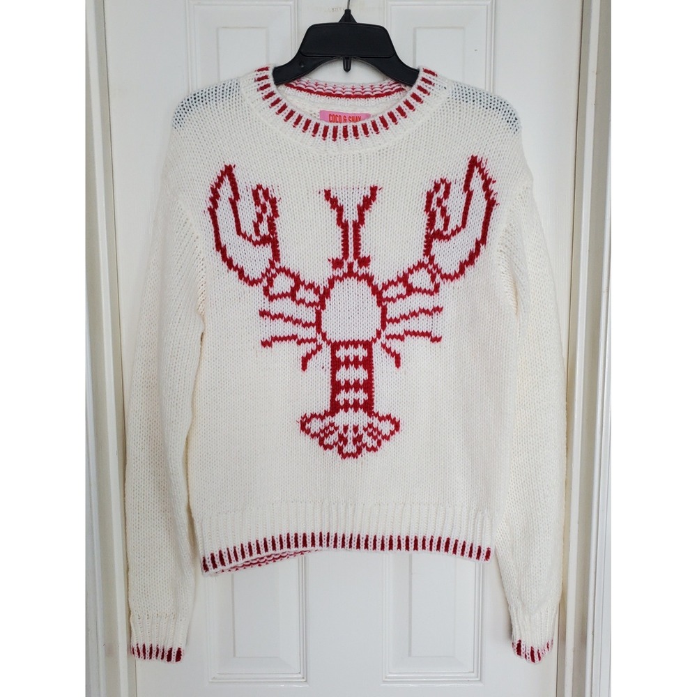 Coco & Shay Lobster Sweater White Red Nautical Intarsia Knit Preppy Small